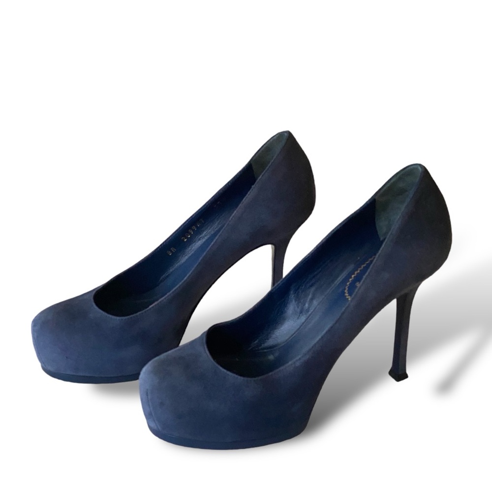 YSL Yves Saint Laurent Trib Navy Blue Suede Heels Pumps Size  7.5 US. 37 1/2EU